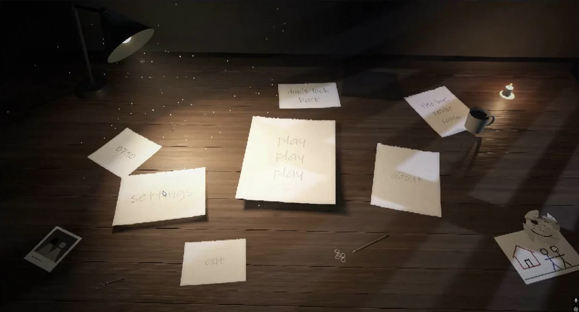 Main menu: paper notes on a wooden desk under a lamp reading play, settings, about and exit