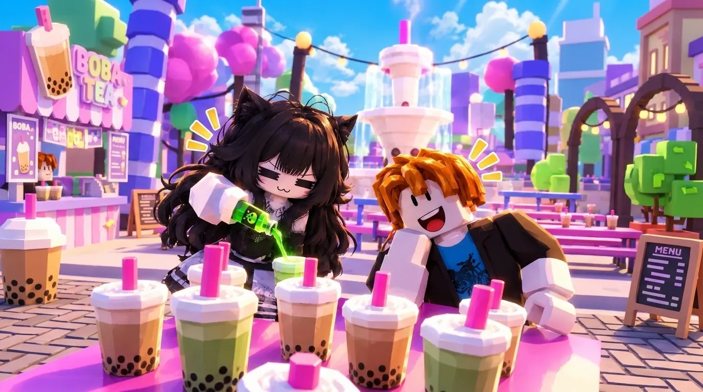 Key art: two players at a boba tea stand with a row of cups