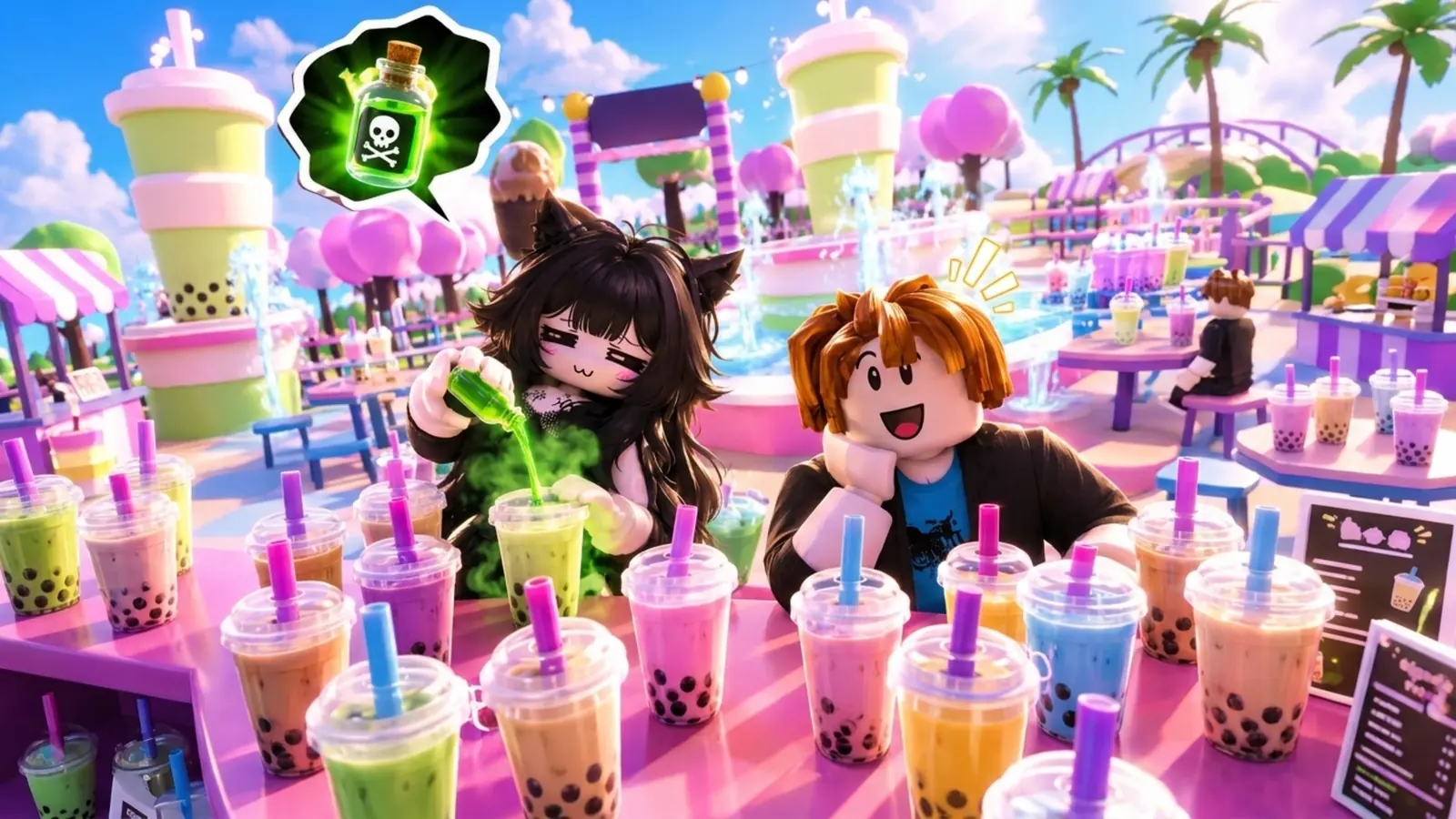 Poison Cups key art: two players at a table of boba cups, one pouring green poison