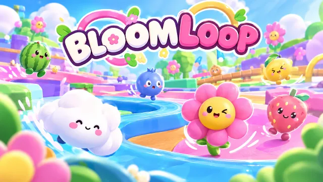 Bloomloop logo with a flower, strawberry, cloud and fruit characters