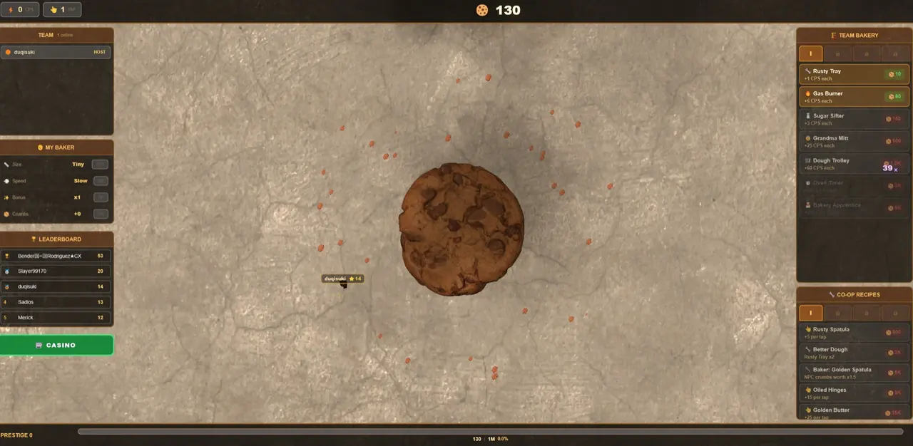 Crumbbox Multiplayer: a giant cookie in the middle of the screen with upgrade panels