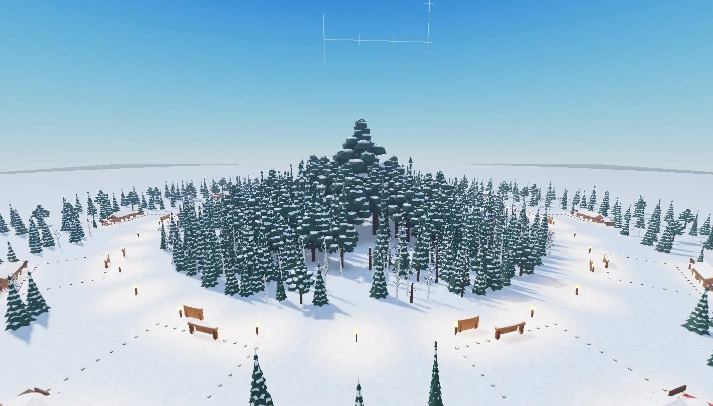 Round snowy map: a dense spruce forest in the middle, shelters and benches around it